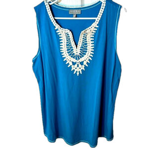 Laura plus teal blue embroidered V-neck top Size 1X